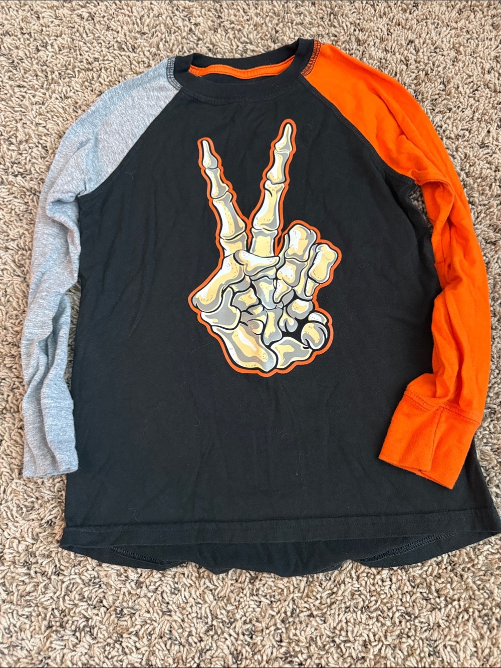Celebrate It Black Raglan Tee with Orange and Gray Sleeves - Skeleton Peace Hand